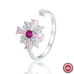 NWT S925 Sterling Silver Pink CZ Cross Fleur-De-Lis Design Open Adjustable Ring